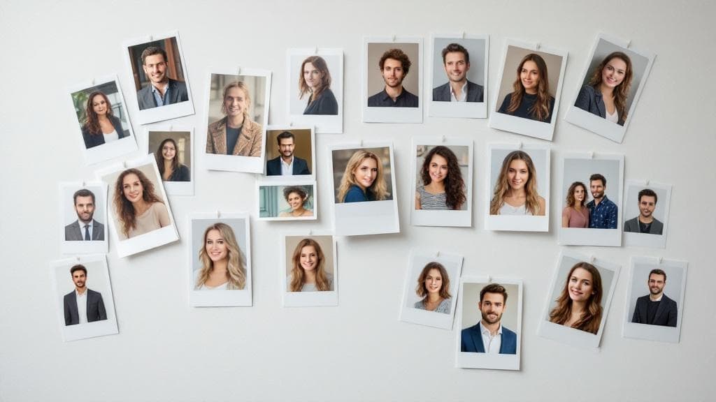 Scattered headshot photos of varying quality — some dated, some improvised, none quite right