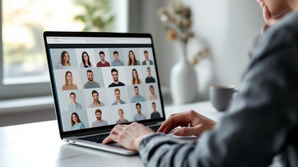 A person thoughtfully comparing AI headshot previews on their laptop