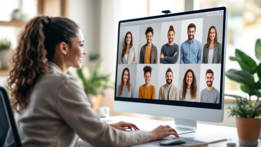 Creative professional browsing multiple headshot style options on a large monitor